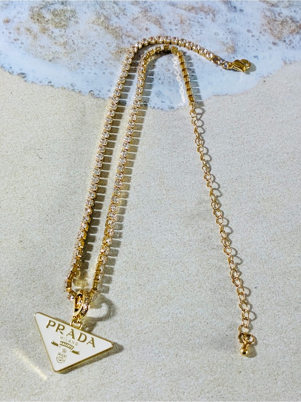 Prada Gold Necklace with White Triangle Logo Pendant